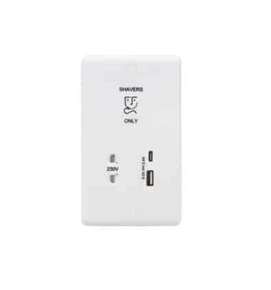 CU8909 230V Shaver Socket with Dual USB A+C (5V DC 2.4A shared, Max. 12W)
