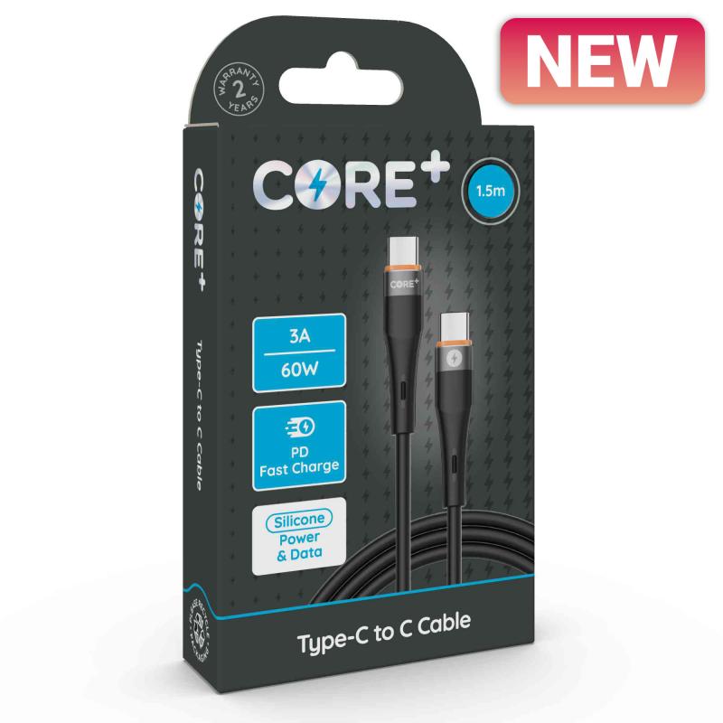 CORE+ Type-C to C Cable 1.5m Silicone Black 3A/60W PD