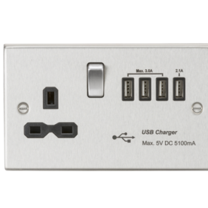 13A Switched Socket with Quad USB-A (5V DC 5.1A shared) - Brushed Chrome with Black Insert