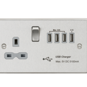 13A Switched Socket with Quad USB-A (5V DC 5.1A shared) - Brushed Chrome with Grey Insert