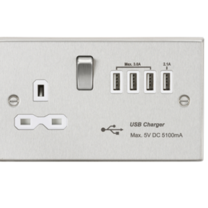 13A Switched Socket with Quad USB-A (5V DC 5.1A shared) - Brushed Chrome with White Insert