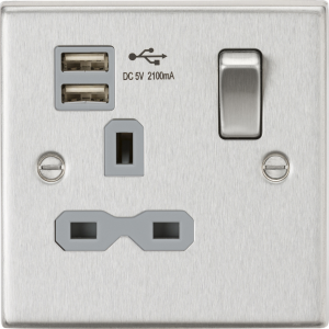 13A 1G SP Switched Socket with Dual USB A+A (5V DC 2.1A shared) - Brushed Chrome
