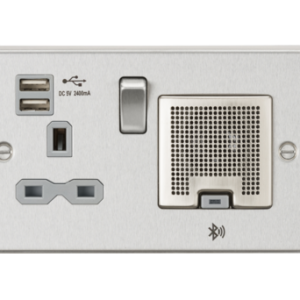13A Socket Bluetooth Speaker and Dual USB A+A (5V DC 2.4A shared) - Brushed Chrome with