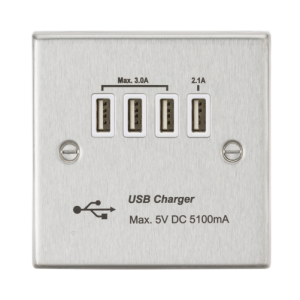 230V Quad USB-A Charger Outlet (5V DC 5.1A shared) - Brushed Chrome with White Insert