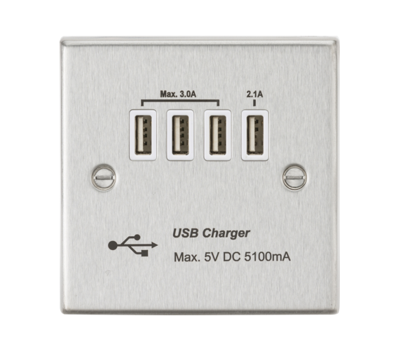 230V Quad USB-A Charger Outlet (5V DC 5.1A shared) - Brushed Chrome with White Insert