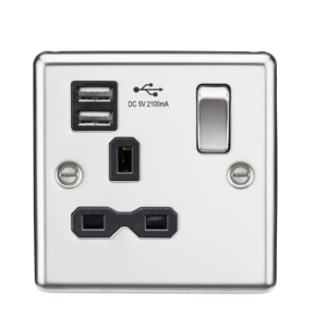13A 1G SP Switched Socket with Dual USB A+A (5V DC 2.1A shared) - Polished Chrome