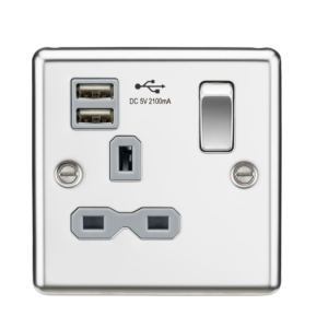 13A 1G SP Switched Socket with Dual USB A+A (5V DC 2.1A shared) - Polished Chrome