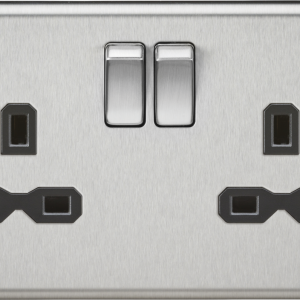 13A 2G DP Switched Socket with Twin Earths - Brushed Chrome with Black Insert