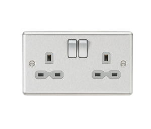 13A 2G DP Switched Socket With Twin Earths - Brushed Chrome With Grey Insert