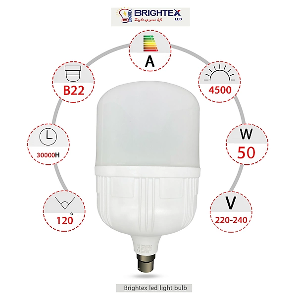Brightex 50W High-Lumen LED Bulb, 4500 lm, B22 Bayonet , Cool White 7000 K, Non-Dimmable Energy-Saving