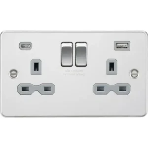 FPR9940PCG 13A 2G SP Switched Socket with Dual USB A+C (5V DC 4.0A shared) - Polished