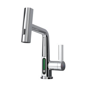 BW2001 Basin Faucet with Waterfall Pull Out Sprayer and LED Temperature Display Silver Chrome