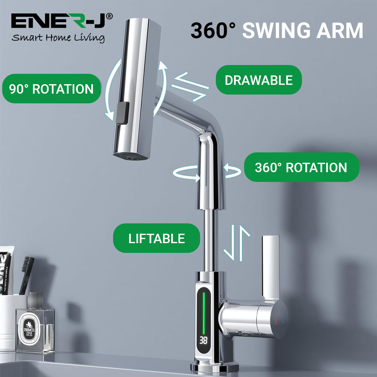 BW2001 Basin Faucet with Waterfall Pull Out Sprayer and LED Temperature Display Silver Chrome