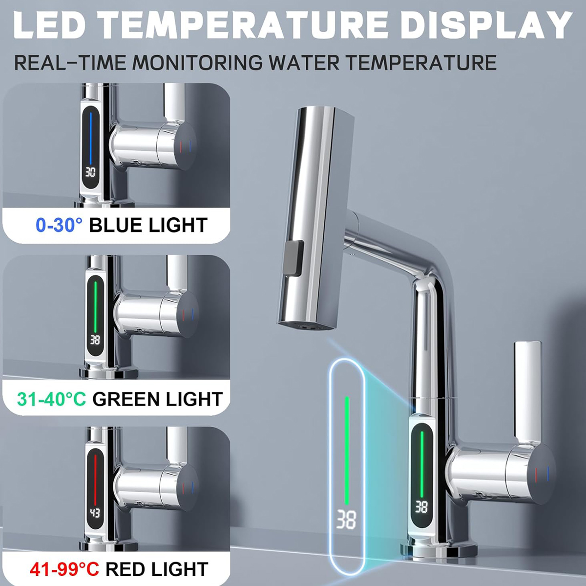 BW2001 Basin Faucet with Waterfall Pull Out Sprayer and LED Temperature Display Silver Chrome