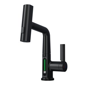 BW2002 Faucet with Waterfall Pull Out Sprayer and LED Temperature Display Black Finish