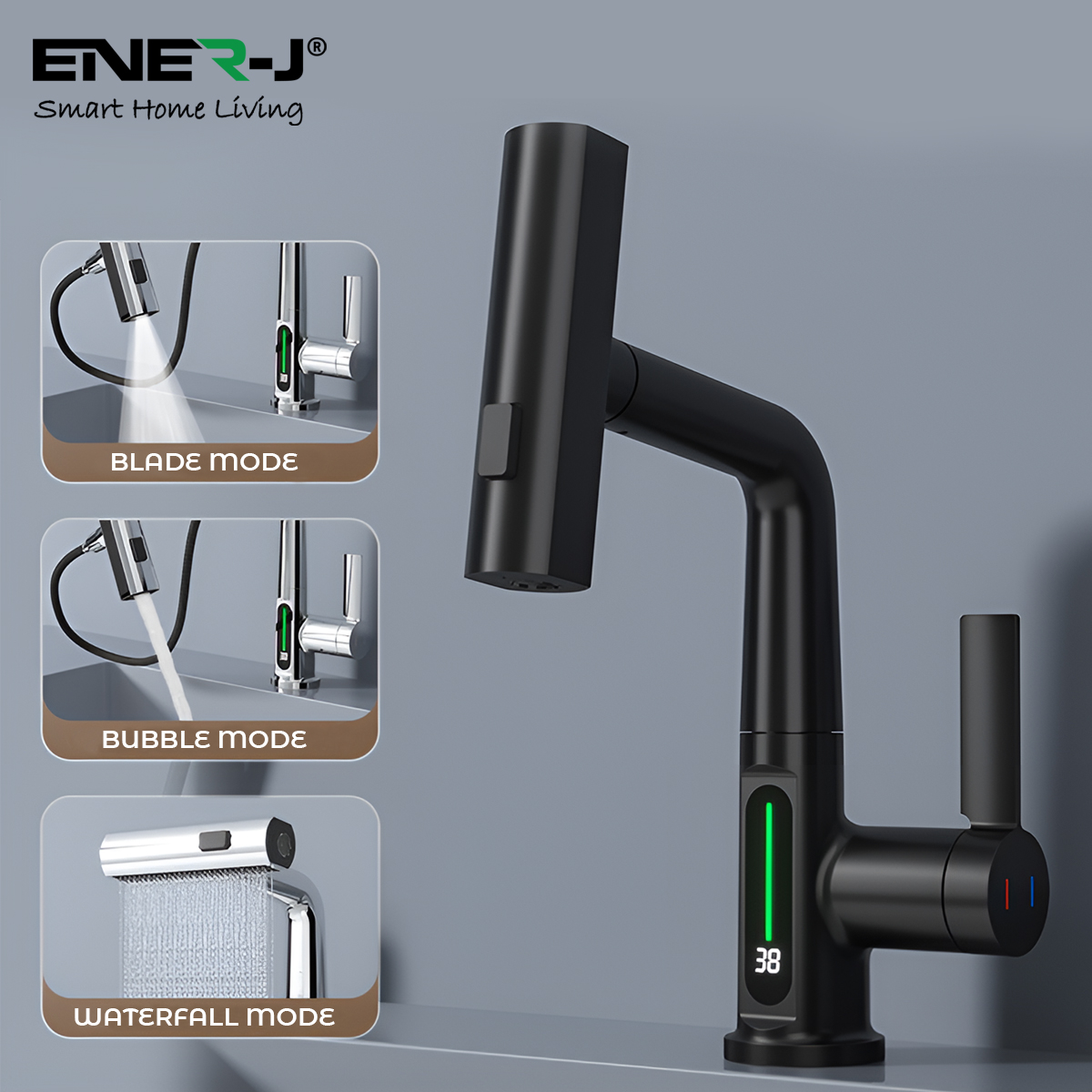 BW2002 Faucet with Waterfall Pull Out Sprayer and LED Temperature Display Black Finish