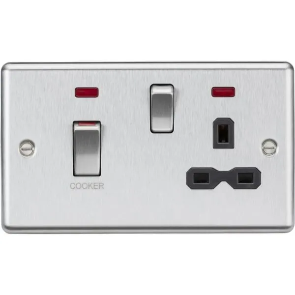 45A DP Switch & 13A Socket with Neons - Brushed Chrome with Black Insert