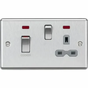 45A DP Switch & 13A Socket with Neons - Brushed Chrome with Grey Insert