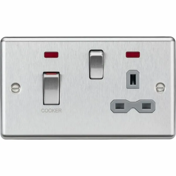 45A DP Switch & 13A Socket with Neons - Brushed Chrome with Grey Insert