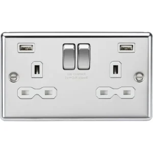 13A 2G Switched Socket Dual USB Charger (2.4A) With Black Insert - Bevelled Edge Polished Chrome