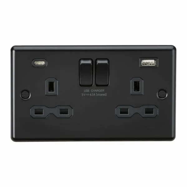 13A 2G SP Switched Socket with Dual USB A+C (5V DC 4.0A shared) - Matt Black
