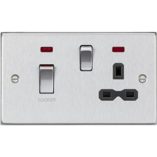 45A DP Switch & 13A Socket with Neons - Brushed Chrome with Black Insert