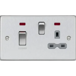 45A DP Switch & 13A Socket with Neons - Brushed Chrome with Grey Insert
