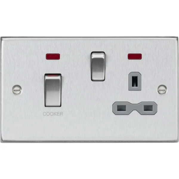 45A DP Switch & 13A Socket with Neons - Brushed Chrome with Grey Insert