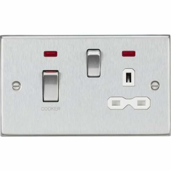 45A DP Switch & 13A Socket with Neons - Brushed Chrome with White Insert