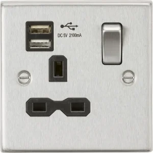 13A 1G SP Switched Socket With Dual USB A+A (5V DC 2.1A Shared) - Brushed Chrome