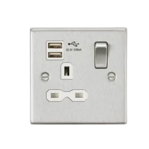 13A 1G SP Switched Socket With Dual USB A+A (5V DC 2.1A Shared) - Brushed Chrome
