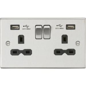 13A 2G SP Switched Socket With Dual USB A+A (5V DC 2.4A Shared) - Brushed Chrome