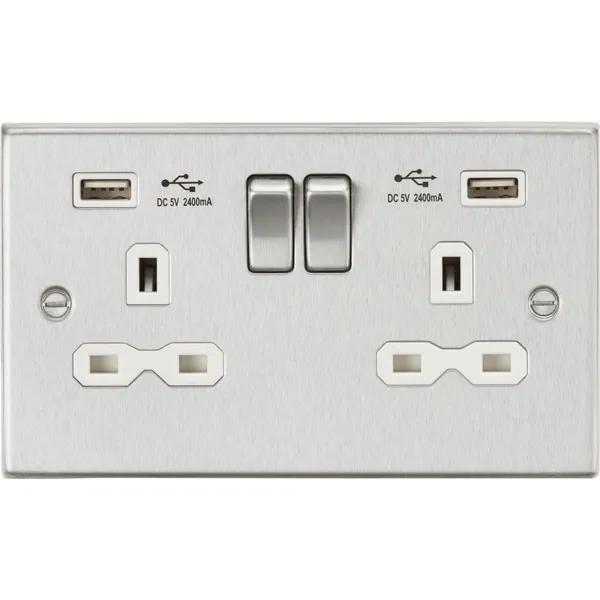 13A 2G SP Switched Socket With Dual USB A+A (5V DC 2.4A Shared) - Brushed Chrome