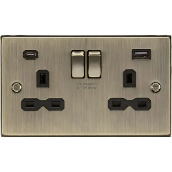 13A 2G SP Switched Socket with Dual USB A+C (5V DC 4.0A shared) - Antique Brass