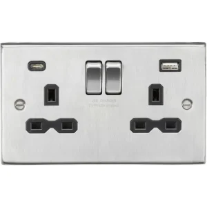 13A 2G SP Switched Socket with Dual USB A+C (5V DC 4.0A shared) - Brushed Chrome