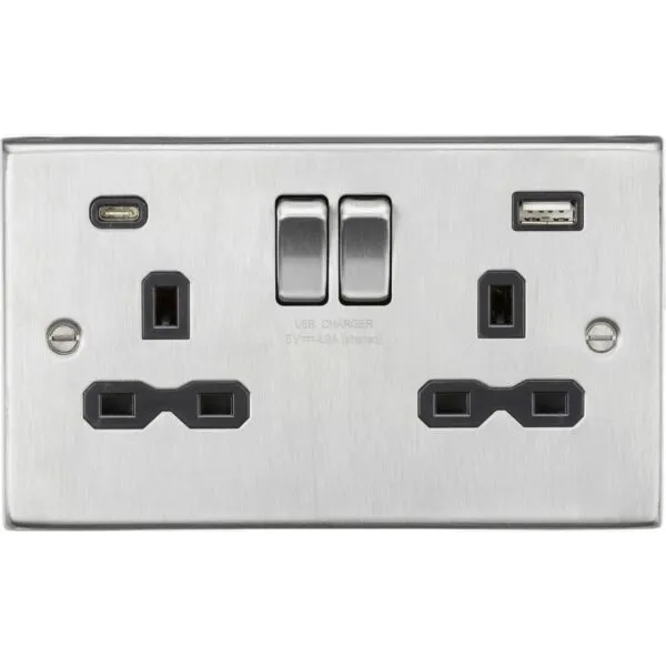 13A 2G SP Switched Socket with Dual USB A+C (5V DC 4.0A shared) - Brushed Chrome