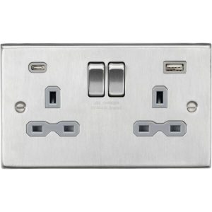 13A 2G SP Switched Socket with Dual USB A+C (5V DC 4.0A shared) - Brushed Chrome