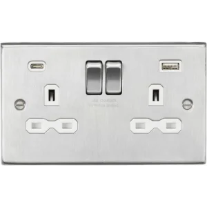13A 2G SP Switched Socket with Dual USB A+C (5V DC 4.0A shared) - Brushed Chrome