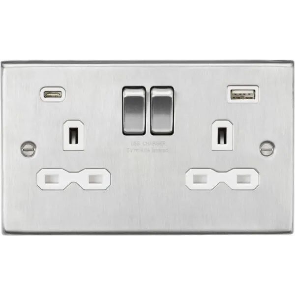 13A 2G SP Switched Socket with Dual USB A+C (5V DC 4.0A shared) - Brushed Chrome