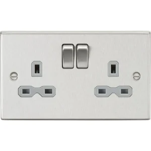 13A 2G DP Switched Socket With Twin Earths - Brushed Chrome With Grey Insert