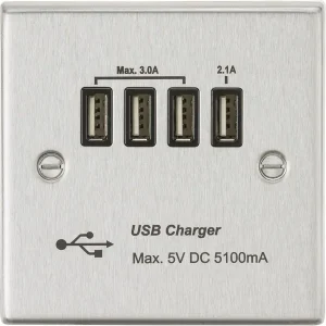 230V Quad USB-A Charger Outlet (5V DC 5.1A Shared) - Brushed Chrome With Black Insert
