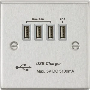 230V Quad USB-A Charger Outlet (5V DC 5.1A Shared) - Brushed Chrome With Grey Insert