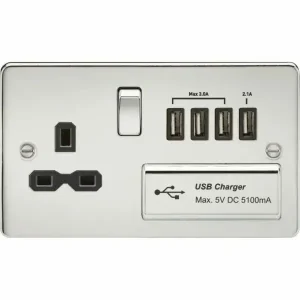 FPR7USB4PC 13A Switched Socket with Quad USB-A (5V DC 5.1A shared) - Polished Chrome with Black