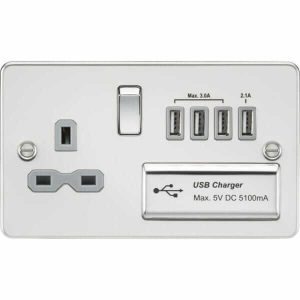 FPR7USB4PCG 13A Switched Socket with Quad USB-A (5V DC 5.1A shared) - Polished Chrome with Grey