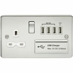 FPR7USB4PCW 13A Switched Socket with Quad USB-A (5V DC 5.1A shared) - Polished Chrome with White