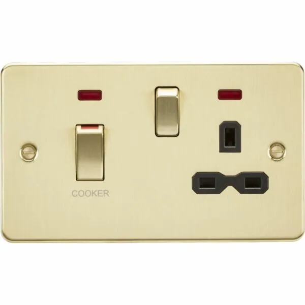 45A DP Switch & 13A Socket with Neons - Brushed Brass with Black Insert