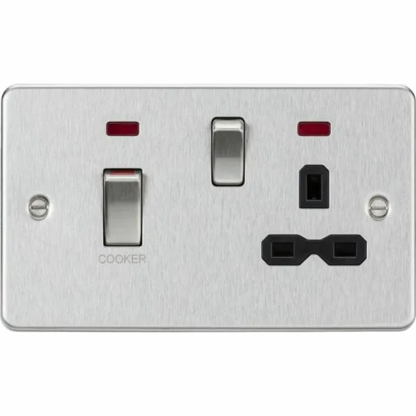 45A DP Switch & 13A Socket with Neons - Brushed Chrome with Black Insert