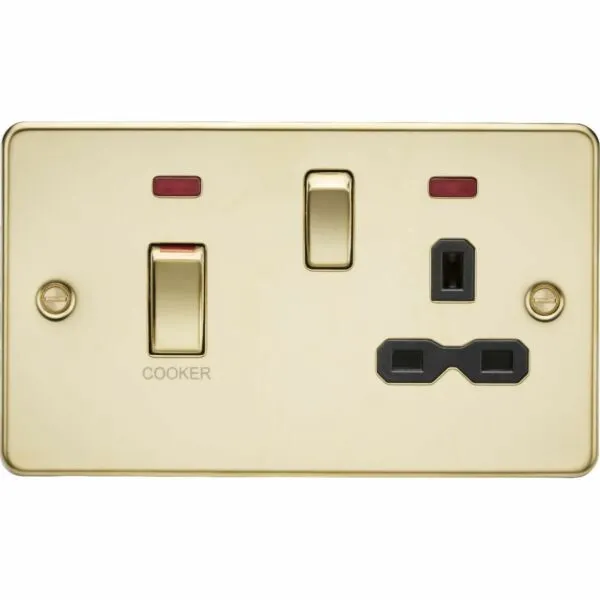 45A DP Switch & 13A Socket with Neons - Polished Brass with Black Insert