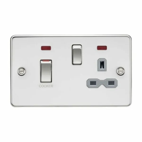 45A DP Switch & 13A Socket with Neons - Polished Chrome with Grey Insert