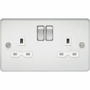 FPR9000PCW 13A 2G DP Switched Socket with Twin Earths - Polished Chrome with White Insert
